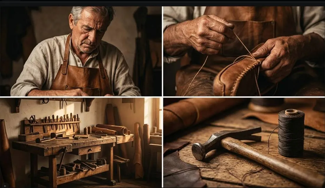 Artesano cosiendo cuero en su taller de talabartería